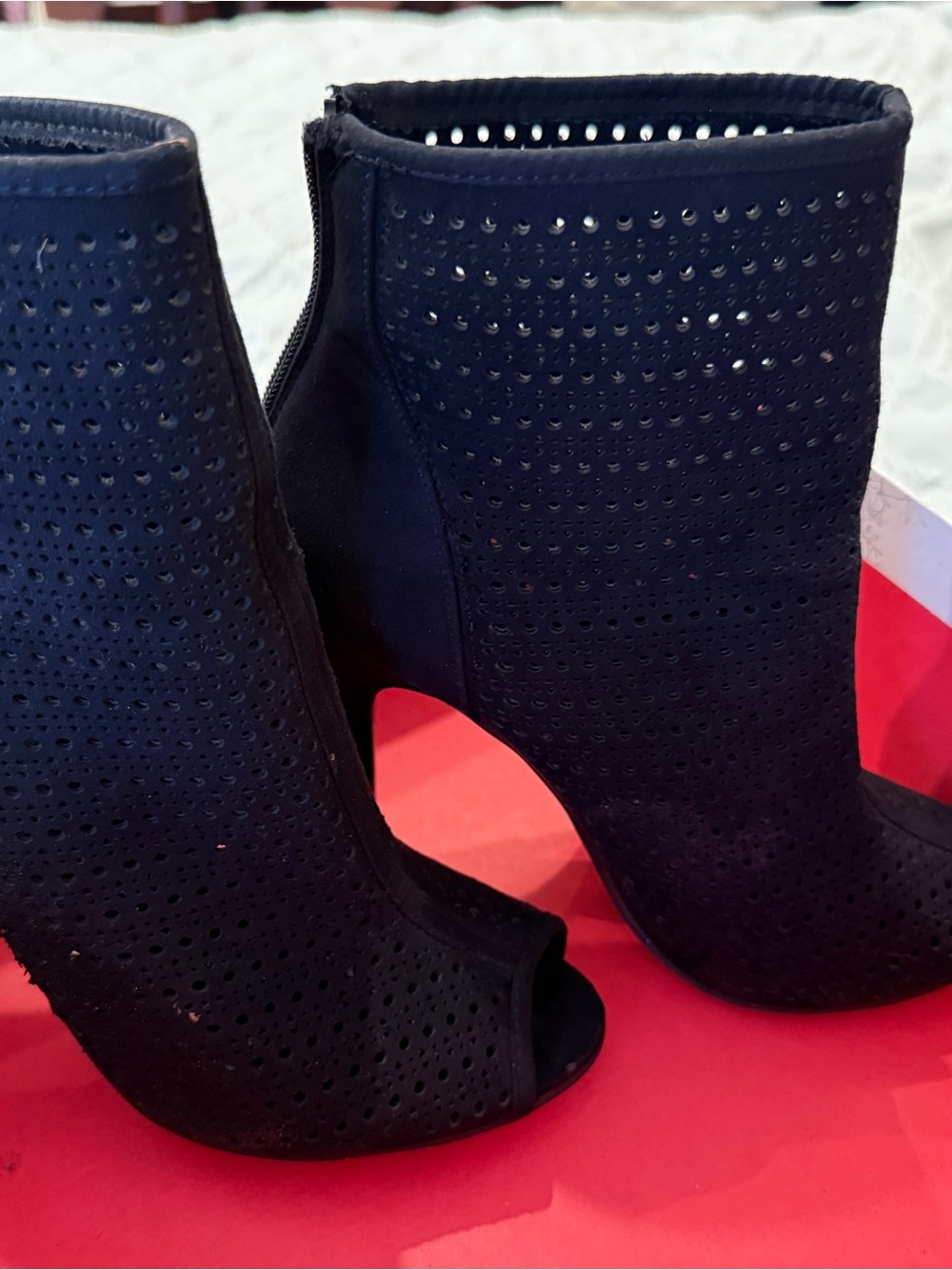Chinese Laundry Black Perforated Peep-Toe Ankle Booties with Side Zip